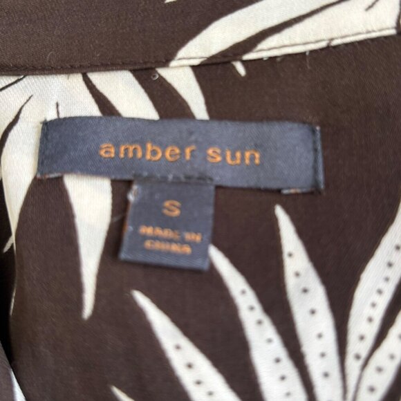AMBER SUN Short Sleeve Button Front Blouse Chocolate Brown Cream Leaf Pattern S - Picture 5 of 7